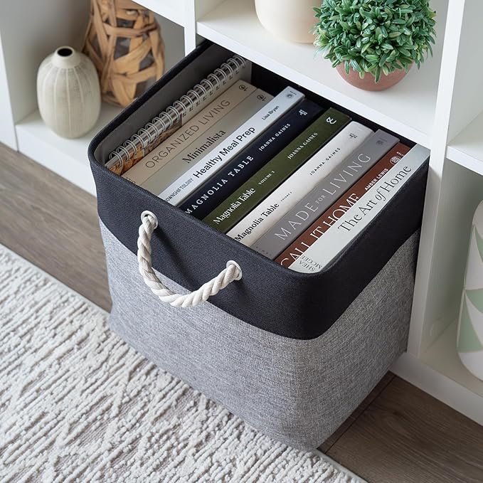 OrganiHaus 13x13 Cube Storage Bins 4 Pack, Foldable Cube Storage Organizer w/ Rope Handles, Collapsible Fabric Bins for Toys, Clothes & Closet Organization, Fabric Square Baskets - Gray/Black-Ruum Studio Home