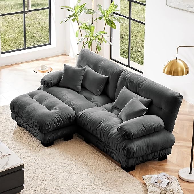 Loveseat Modular Sectional Sofa, L Shaped Couch with Ottoman, Cloud Couch Sectional Couch Home Sofa Living Room Oversized Couch Deep Seat Couch with Round Bolster Armrests 4 Pillows(Gray)-Ruum Studio Home