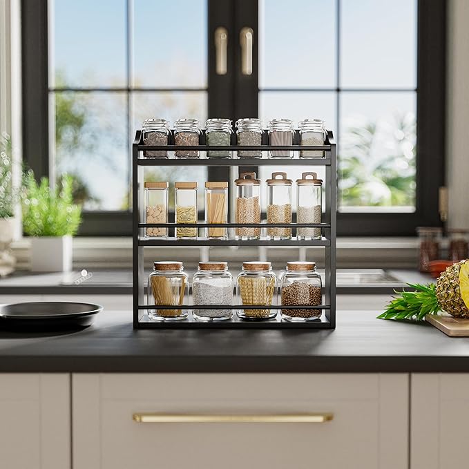 Bamboo Spice Rack Wall Mount or Tabletop Holder, 3-Tier Shelf for Seasoning Bottles Organizer, Medicine Holder (Black)-Ruum Studio Home