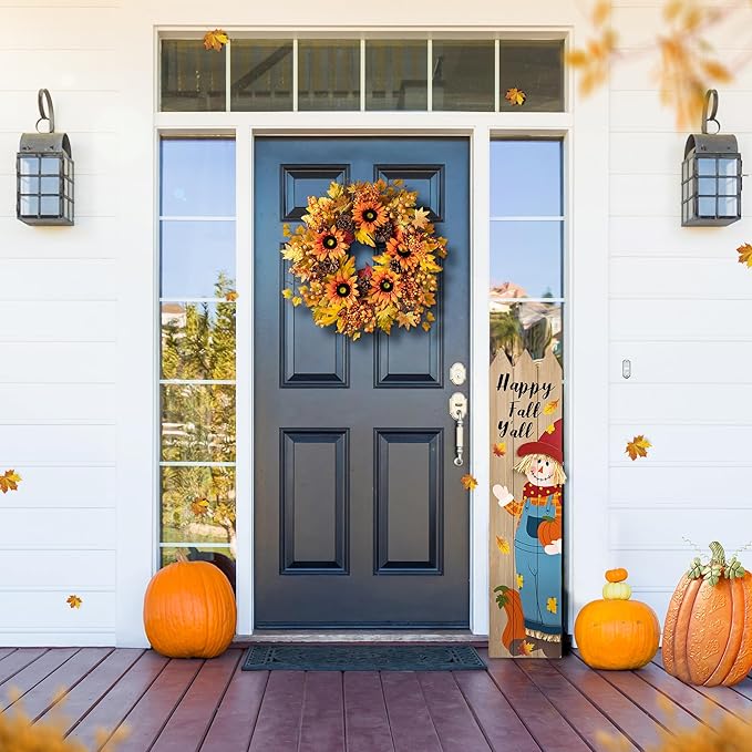 Glitzhome 24'' Fall Wreath for Front Door Decor, Artificial Autumn Orange Wreath with Sunflower, Maple Leaf and Berry Ornament for Wall Fireplace Farmhouse Thanksgiving Day Harvest Festival Decor-Ruum Studio Home