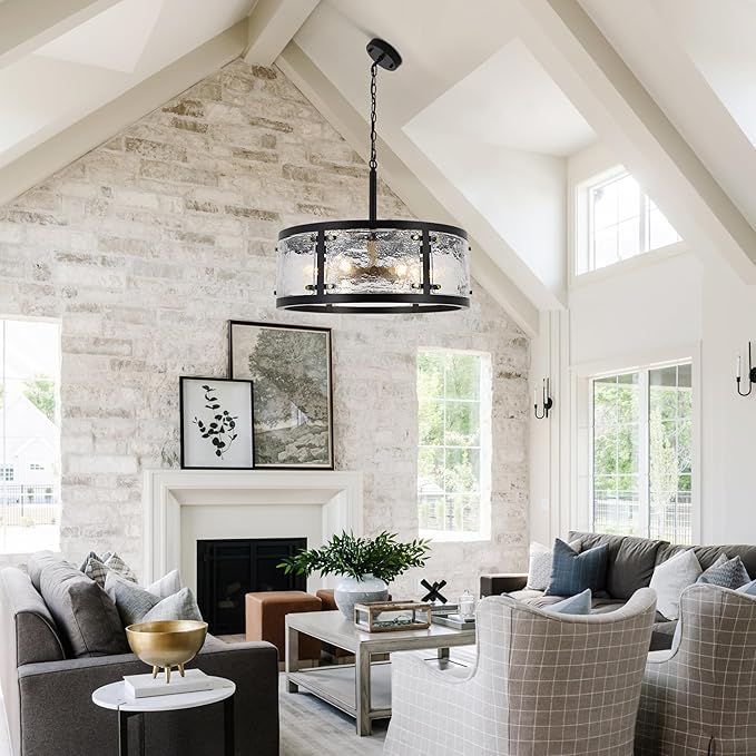 23.6" Large Farmhouse Drum Black Chandelier, 6-Light Vintage Round Glass Chandeliers for Dining Room, Industrial Light Fixture for Kitchen Living Room Stairwell, Clear Waterglass Drum Shade-Ruum Studio Home