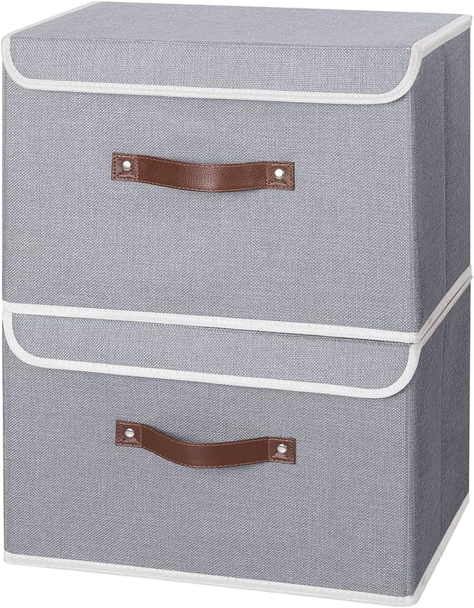 ANMINY 4PCS Storage Bins with Lid PU Leather Handles Storage Boxes PP Plastic Board Decorative Foldable Lidded Cotton Linen Fabric Home Cubes Baskets Closet Organizer Containers - Gray, Large Size-Ruum Studio Home