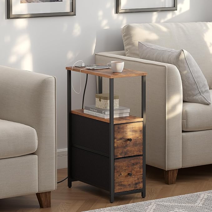 TUTOTAK Small Narrow End Table with Charging Station, Side Table with Outlets, Nightstand with 2 Cloth Drawers, Couch Table, for Living Room, Bedroom, Bedside, Brown TB01BB085-Ruum Studio Home