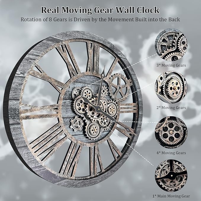 HOIBAI Large Wall Clock, Wall Clocks for Living Room Decor 36 Inch Farmhouse Vintage Rustic Kitchen Wall Decor Vintage Roman Oversized Wall Clock for Home Bedroom House, Moving Gears Clock-Ruum Studio Home