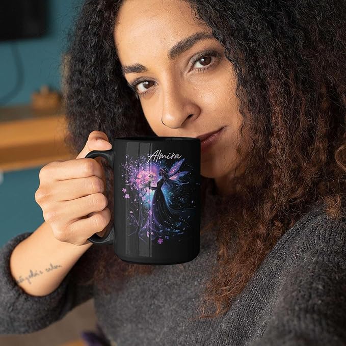 Personalized Beautiful Fairy Holding Flower Coffee Mug, Custom Name Ceramic Cup 11oz 15oz, Enchanted Fantasy Themed Mug, Custom Fairy Lovers Black Cup, Kids Mug, Elegant Fairy Mug-Ruum Studio Home