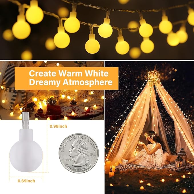 33Feet 100 LEDs Globe String Lights, 8 Modes USB Ball String Lights with Remote for Indoor/Outdoor Commercial Decor, Gardens, Patio, Wedding, Party, Bedrooms, Christmas Decorations, Warm White-Ruum Studio Home