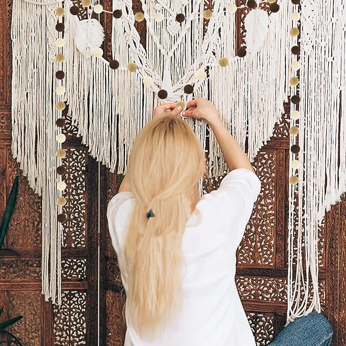 Jishi Pom Pom Garland Boho Party Decorations, 3-Pack Brown Khaki Beige Felt Ball Garland Cute Pastel Rainbow Pompom Strings, Christmas Birthday Wedding Rustic Boho Home Decor Supplies, Xmas Tree Decor-Ruum Studio Home