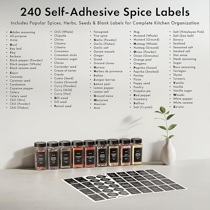 Glass Spice Jars with Label and Stainless Steel Lids (24 x 4oz) Spice Containers with 240 Labels, Shaker Inserts, Steel Funnel, Empty Square Empty Square Seasoning Organizer (Black)-Ruum Studio Home