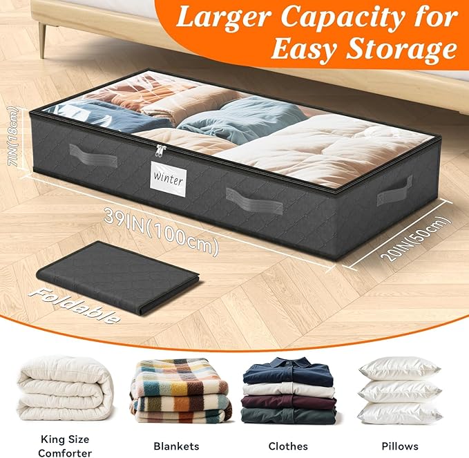 SpaceWhisper 90L Under Bed Storage Containers, 8-Pack Storage Bins with Clear Top, Foldable Closet Organizers and Storage with Label Holder for Clothing, Blankets, Comforter & Pillows (Grey)-Ruum Studio Home