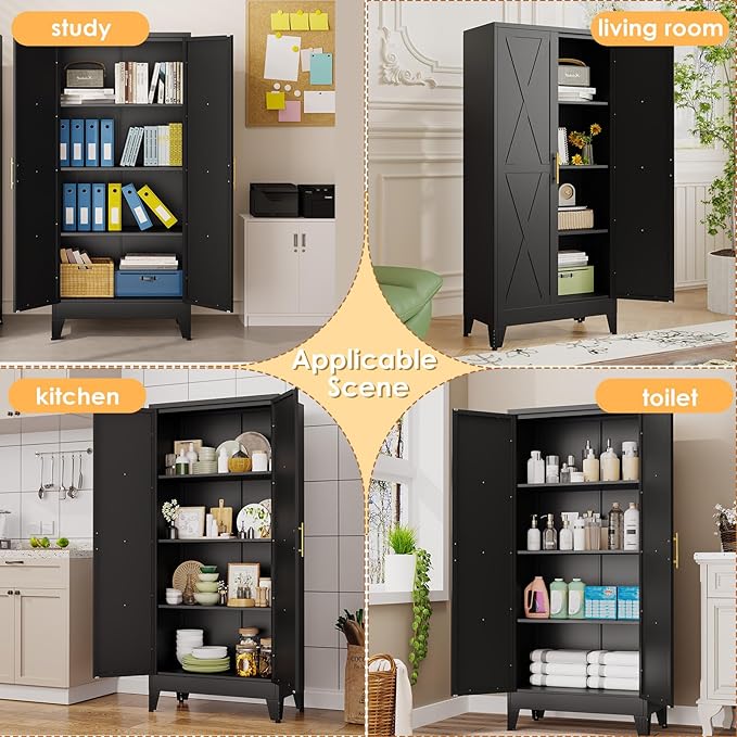 61" H Metal Kitchen Pantry Storage Cabinet, Freestanding Cupboard with 2 Doors and 3 Adjustable Shelves, Standing Storage for Kitchen, Bathroom, Garage, Dinning Room or Utility Room（Black）-Ruum Studio Home
