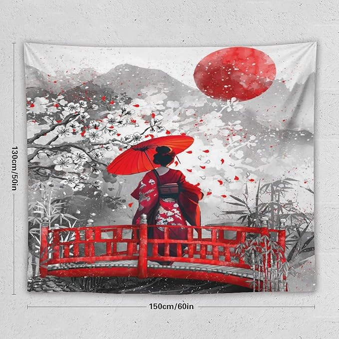 Japanese Red Geisha Tapestry Asian Cherry Blossom Red Sun Traditional Kimono Folk Tapestries Home Decor for Living Room Bedroom Apartment Farmhouse Dorm 60"x50"-Ruum Studio Home