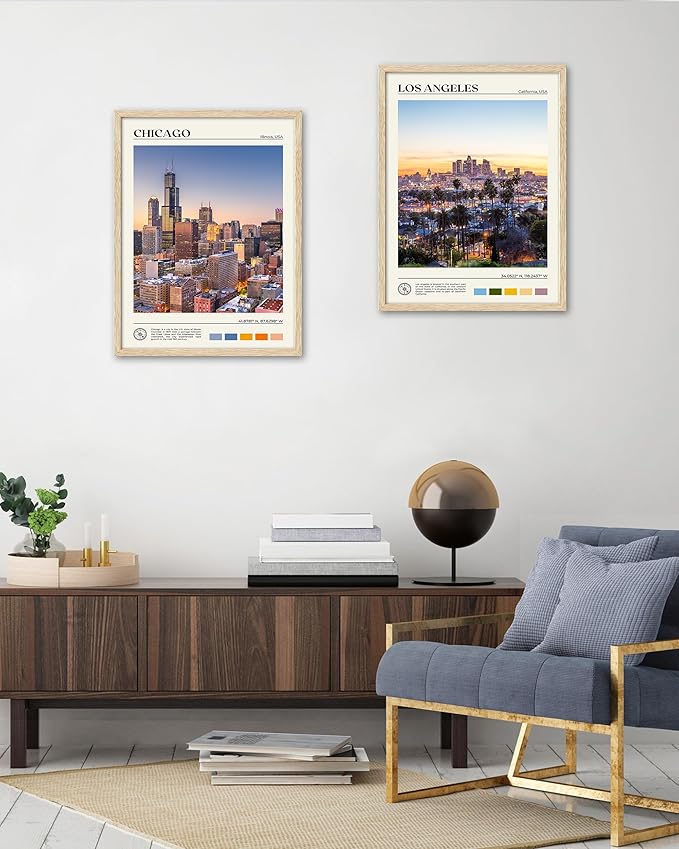 HesenDot Natural OAK Wood Chicago Cityscape Framed Wall Art,12x16in City Skyline Canvas Wall Print,Modern Urban Landmark Wall Decor for Living Room,Bedroom,Office Gallery Gifts Set of 1-Ruum Studio Home