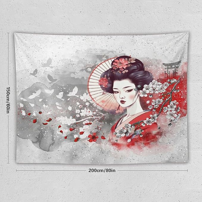 Japanese Geisha Tapestry Asian Red Cherry Blossom Traditional Kimono Folk Tapestries Home Decor for Living Room Bedroom Apartment Farmhouse Dorm 80"x60"-Ruum Studio Home