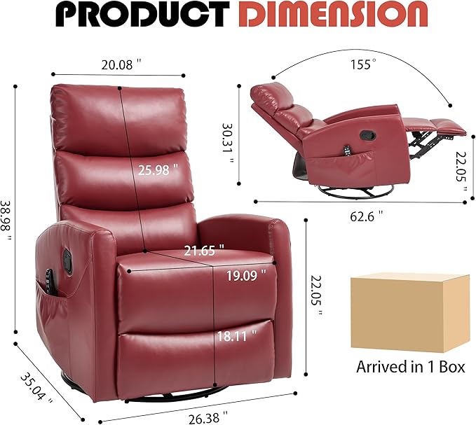 Manual Swivel Rocker Recliner Chair for Adults, Overstuffed Reclining Glider Chair for Nursing with Vibration Massage & Heat, Living Room Rocking Recliner 3-Stage backrest, Faux Leather Red-Ruum Studio Home