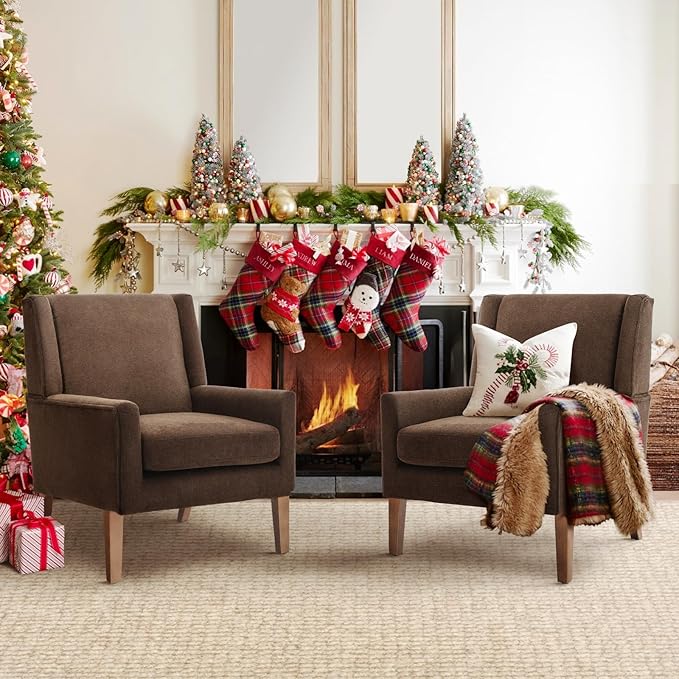 COLAMY Modern Wingback Living Room Chair Set of 2, Upholstered Fabric Accent Armchair, Single Sofa Chair with Lounge Seat and Wood Legs for Bedroom/Office/Reading Spaces, Brown-Ruum Studio Home