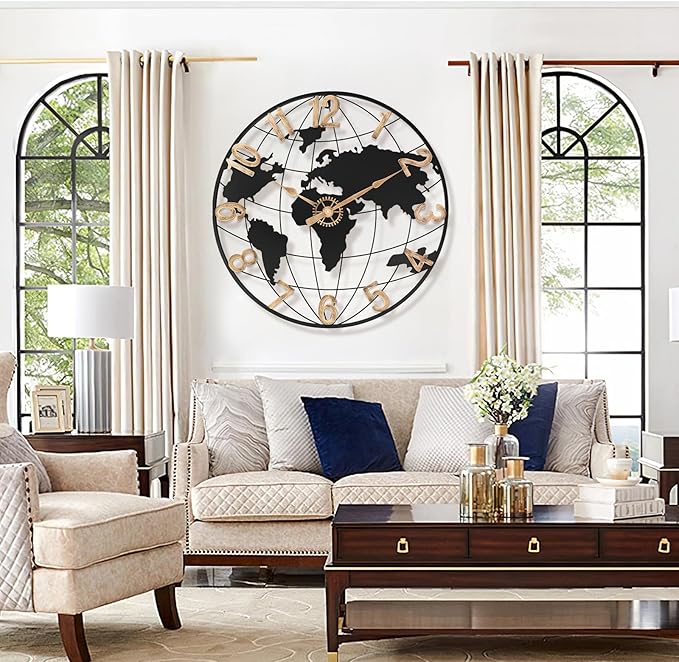 24 Inch Large Wall Clock for Living Room Decor,Big Modern Decorative Silent Metal World Map Wall Clock with Vintage Gold Arabic Numeral for Office,Living Room,Kitchen,Dining Room-Ruum Studio Home