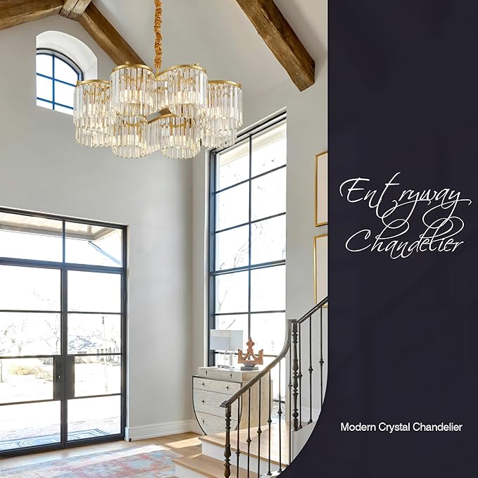 30.3“ Gold Semi Flush Mount Ceiling Light Fixtures, 8-Light Gold Modern Crystal Chandelier Height Adjustable Pendant Lighting for Bedroom Entryway Hallway Kitchen Island Living Room Foyer-Ruum Studio Home