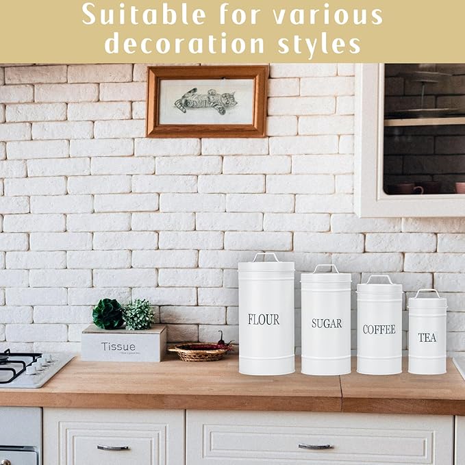 Farmhouse Canister Set for Kitchen Countertop, Airtight Nesting Kitchen Canisters Set of 4, Mental Flour Sugar Coffee Tea Storage Canister Jars, Vintage Country Design, White-Ruum Studio Home