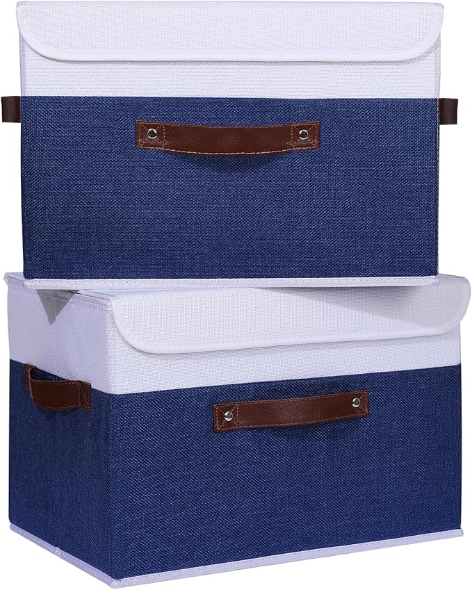 ANMINY 4PCS Storage Boxes with Lid Washable Decorative Storage Bin Basket with PU Leather Handle Foldable Linen Fabric Storage Cube Container for Home Closet Organizer - Deep Blue White, Large Size-Ruum Studio Home