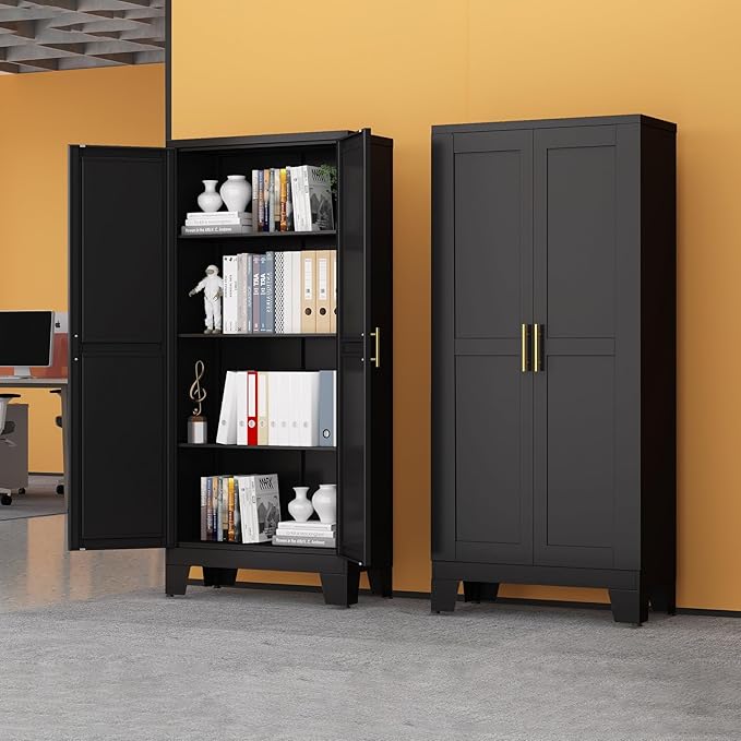 Black Metal Storage Cabinet, 61" Steel Cabinets for Home Office, Kitchen Pantry Storage Cabinet with Doors and 3 Adjustable Shelves, Metal Tool Cabinet, for Office, Home, Garage, School-Ruum Studio Home