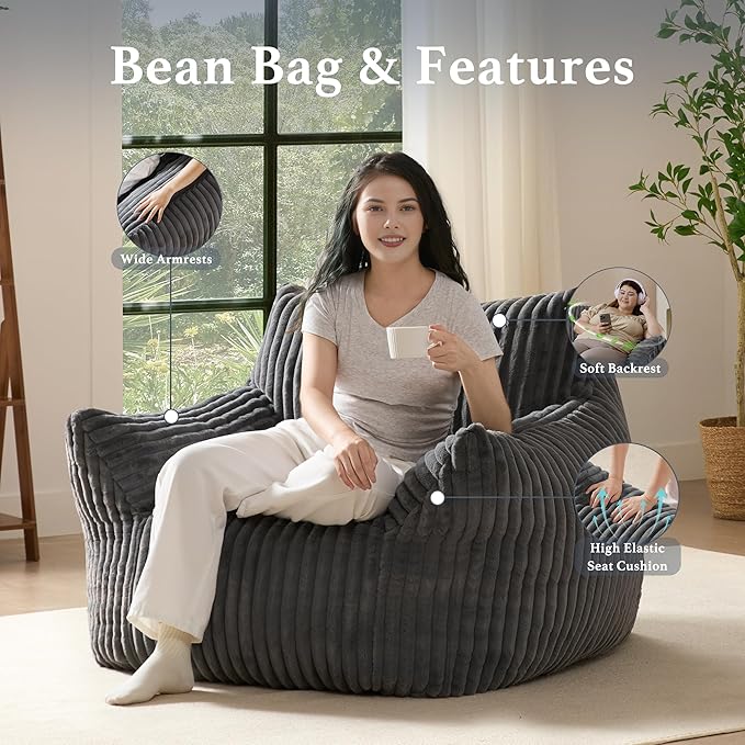 Giant Plush Bean Bag Chair for Adults with Armrests - Oversized Comfy Grey Beanbag Lounge Lazy Floor Sofa Accent Chair for Living Room, Bedroom & Dorm, Cozy Fluffy Single Cloud Mini Couch-Ruum Studio Home