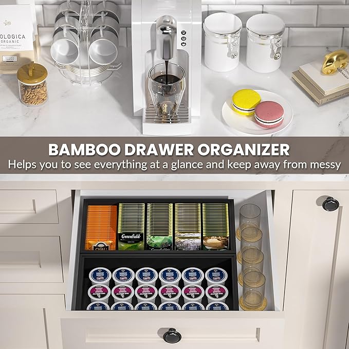 Kitchen Drawer Organizer Bins, Stackable Bamboo Drawer Organizer for Silverware, Coffee Pod Organizer K Cup Holder for Countertop, 2 Pcs Coffee Station Organizer Black 12" x 6" x 2.5"-Ruum Studio Home