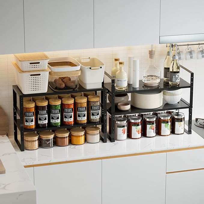 Expandable,Stackable Spice Rack,Seasoning Organizer and Storage,Spices Jar Racks for Cabinet,Countertop, Metal Pantry, Cupboard,Laundry Storages,Heavy Duty(2 Packs/Large/Black)-Ruum Studio Home