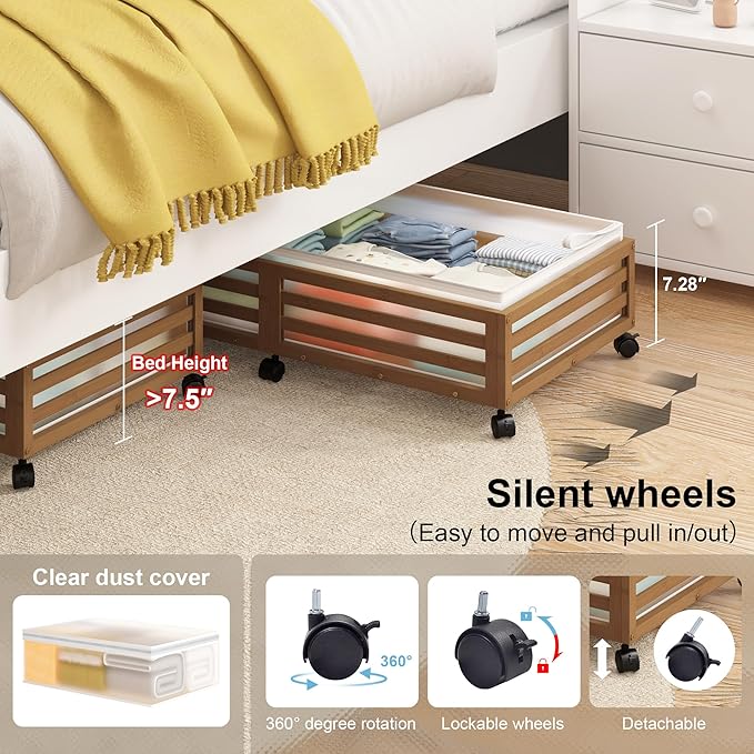 Under Bed Storage Containers With Wheels - 2 Pcs Large Bamboo Wood Rolling Underbed Shoe Storage Bins With Dust Bags for Clothes Blankets, Duvet Covers Snacks Toys (Walnut)-Ruum Studio Home