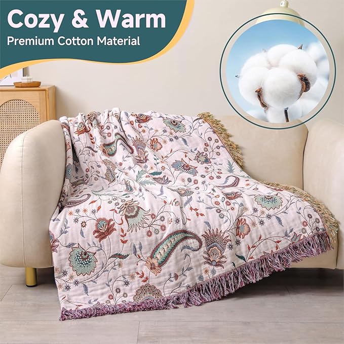 Boho Throw Blanket for Bed,100% Ultra Cotton Soft Breathable Bed Throw Floral Printed Farmhouse Decor Rustic Bed Throws for Couch Sofa Quilt White Flowers 60" x 80"-Ruum Studio Home