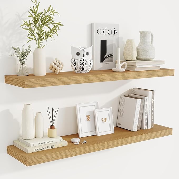 Fun Memories 40" Rustic Wood Floating Shelves with Invisible Brackets for Storage & Decor, Deep Wall Mounted Shelves for Bathroom, Kitchen, Living Room (Oak, Set of 2)-Ruum Studio Home