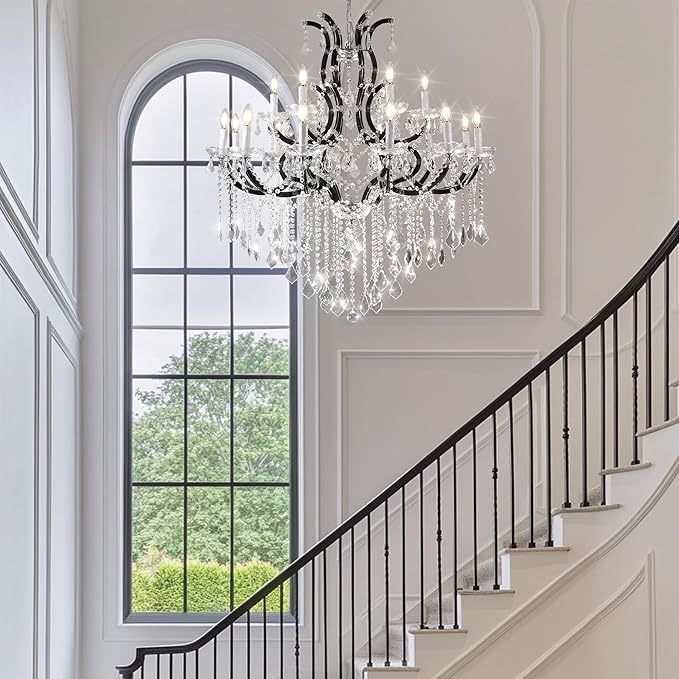 Large Black Crystal Chandelier Light Fixtures, 18 Lights Modern Crystal Chandeliers for Dining Room,Staircase Hallway Living Room Entryway,2 Layers 41'' Foyer Chandelier-Ruum Studio Home