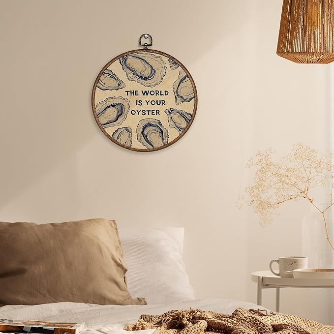 XBBMGG Oyster Wall Art Decor, Coastal Vintage Oyster Shell Round Wall Hanging Decor, Beach Ocean Nautical The World Is Your Oyster Framed Canvas Prints for Living Room Bathroom Decorations, 10x10inch-Ruum Studio Home