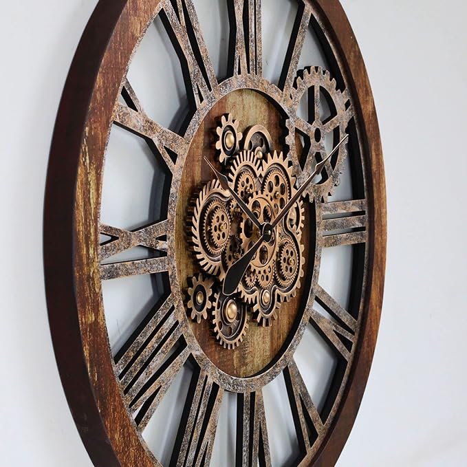 The Gears Clock 36'' Inch Real Moving Gear Wall Clock Vintage Industrial Oversized Rustic Farmhouse (Vintage Brown)-Ruum Studio Home