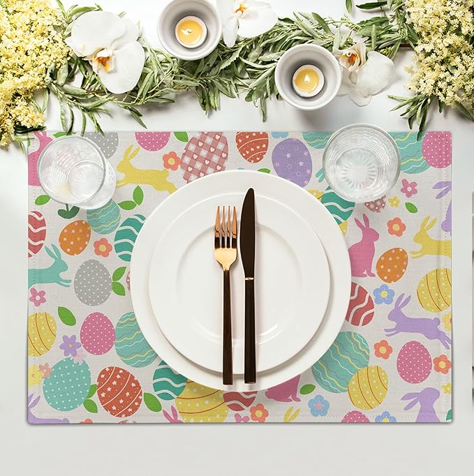 Easter Eggs Bunny Floral Placemats Set of 4 Watercolor Egg Floral Place Mat 12x18 Inch Seasonal Spring Colorful Washable Linen Table Mats for Party Kitchen Dining Outdoor Indoor Decor-Ruum Studio Home