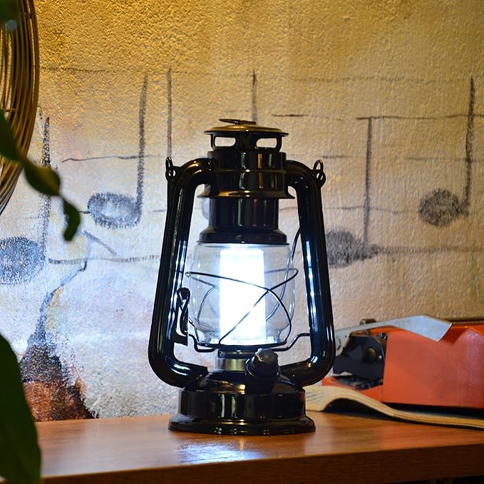 YAKii LED Vintage Lantern Metal Hanging Hurricane 12 LED Dimmer Switch Cold White Battery Operated Power Outage Indoor Camping Lighting Outdoor Brooklyn (Black 2 Pack)-Ruum Studio Home