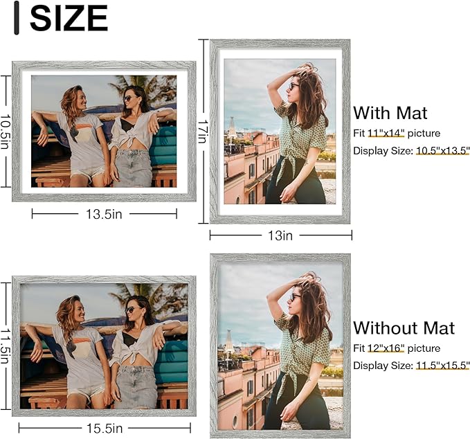 Vittanly 12x16 Picture Frames Set of 9, Shatter Resistant Plexiglass, Display 11x14 Pictures with Mat or 12x16 without Mat, Photo Frames for Wall Mount, Engineered Wood, Grey-Ruum Studio Home