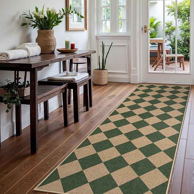 Lahome Checkered Kitchen Runner, 2x8 Easy Jute Runner Rug for Hallway Entryway, Farmhouse Indoor Outdoor Non Slip Non Shedding Green Carpet for Laundry Bedroom Porch Corridor-Ruum Studio Home