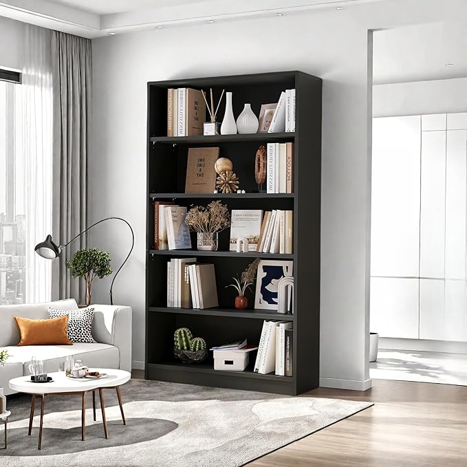 Bookshelf, Open Modern Bookshelf, 5 Shelf Bookcase with Freestanding Display Storage, Wooden Book Shelf for Bedroom, Living Room, Dinning Room, Office, 60 Inch, Black-Ruum Studio Home