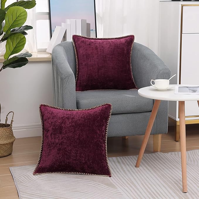 decorUhome Chenille Soft Throw Pillow Covers 24x24 Set of 2, Farmhouse Velvet Neutral Decorative Euro Pillow Covers with Stitched Edge for Couch Sofa Bed Home Decor, Rhododendron-Ruum Studio Home