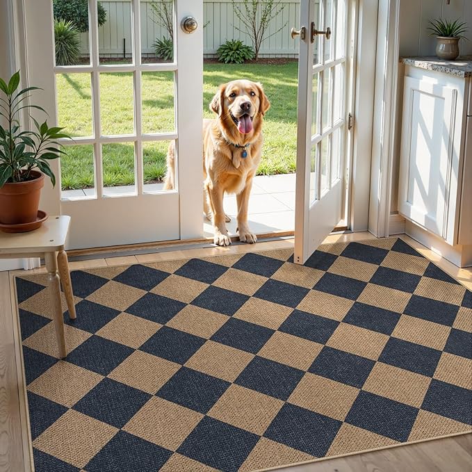 Lahome Checkered Easy Jute Entryway Rug, 3x5 Washable Area Rugs for Living Room Outdoor Patio, Non Slip Blue Indoor Door Mat Checkerboard Throw Carpet for Entry Front Door Guestroom Deck-Ruum Studio Home