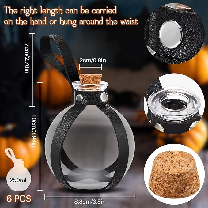 Patelai 6 Pcs Halloween Glass Potion Bottles with Belt Cork Renaissance Witch Costume Accessories Witch Props Potion Bottle for Halloween Party Decor Cosplay DIY Crafts Gift (Black)-Ruum Studio Home
