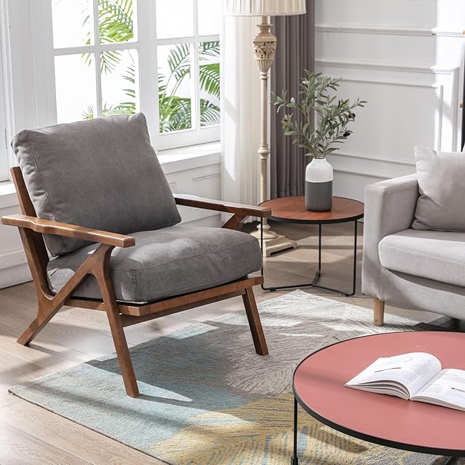 Wahson Set of 2 Mid Century Chair, Retro Upholstered Accent Armchairs, with Wood Frame and Removable Canvas Cushions, Large Leisure Slipper Chair for Living Room/Bedroom, Grey-Ruum Studio Home