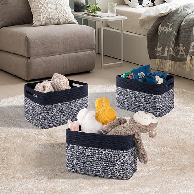 4 Pack Storage Baskets for Organizing, Woven Baskets for Shelves - Perfect for Toys, Books, Towels, and Clothes, Durable Gift Basket Bins Toy Storage, 13''L x9''W x7.8''H, Blue and Grey-Ruum Studio Home