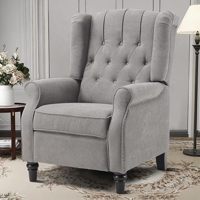 EBELLO Pushback Recliner Chair, Fabric Armchair Push Back Recliner with Rivet Decoration, Mid Century Wingback Accent Chair for Living Room, Bedroom, Grey-Ruum Studio Home