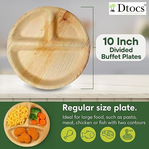 Dtocs 3 Compartment Plates (50 Pc) Palm Leaf 10 Inch Round Portion Control Buffet Sectional Plate | Bamboo Plates Disposable Like Compostable Camping Dinnerware Stronger than Divided Paper, Styrofoam-Ruum Studio Home