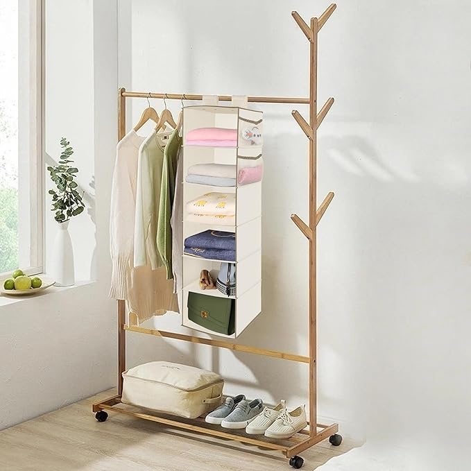 MAX Houser 6 Tier Shelf Hanging Closet Organizer, Closet Hanging Shelf with 2 Widen Straps for Storage, Foldable (Beige2)-Ruum Studio Home