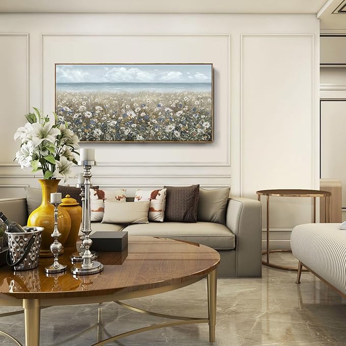 amatop Oversized Wall Art for Living Room Extra Large Farmhouse Boho Framed Beach Coastal Vintage Ocean Floral Canvas Print Daisy Flowers Sea Wall Picture Neutral Nautical Artwork Bedroom Office Decor-Ruum Studio Home