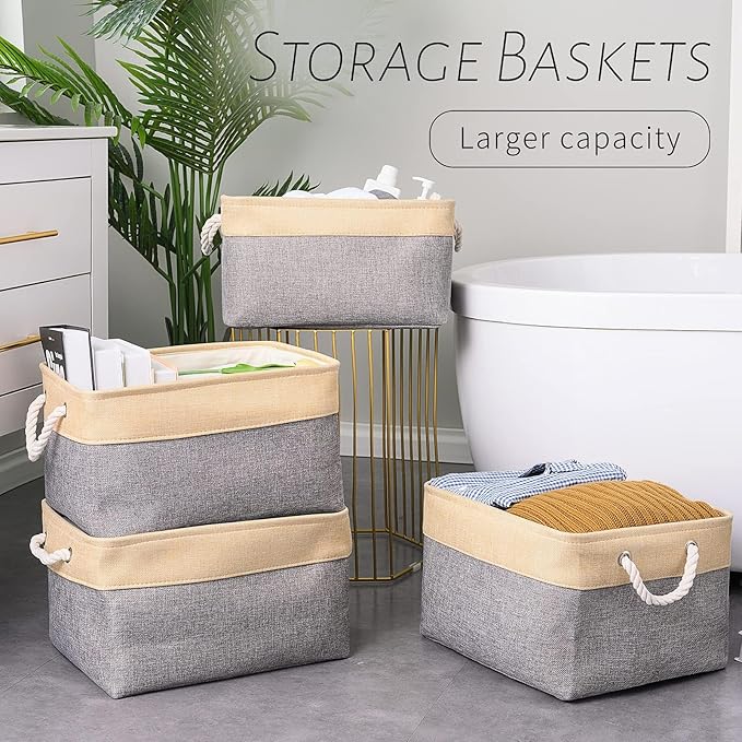 Organization and Storage Basket for Organizing - Large 4 Pack 16x12x8 inch Collapsible Baskets for Shelves Fabric Storage Cube, Storage Bins for Laundry Cloth Books Gift (Gold & Grey)-Ruum Studio Home