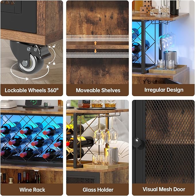 Wine Bar Cabinet with Wheels, 4-Tier Bar Cart with Power Outlets and LED Light, Liquor Cabinet Home Mini Bar with Wine Rack, Coffee Bar Cabinet for Liquor, Rustic Brown-Ruum Studio Home
