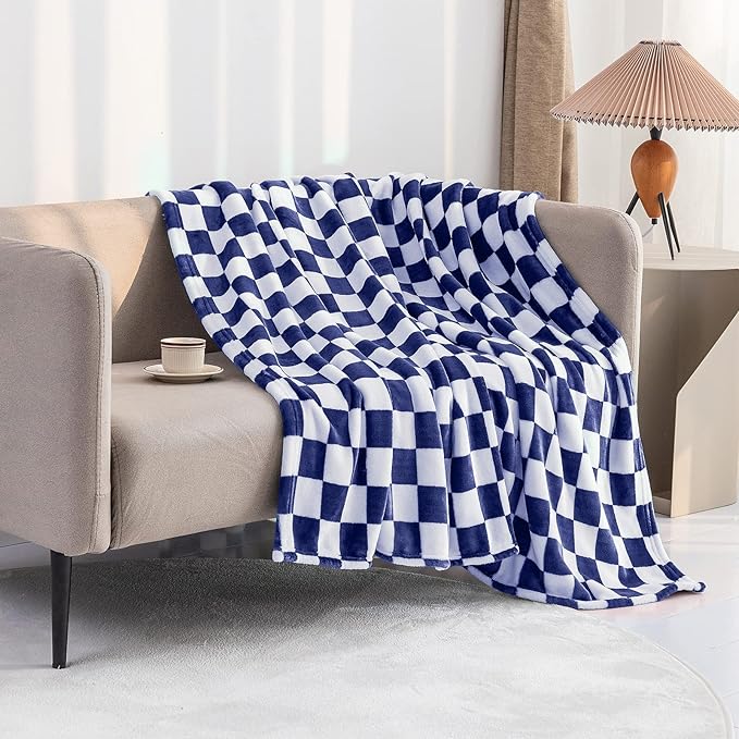 LOMAO Throw Blankets Flannel Blanket with Checkerboard Grid Pattern Soft Throw Blanket for Couch, Bed, Sofa Luxurious Warm and Cozy for All Seasons (Dark Blue, 50"x60")-Ruum Studio Home